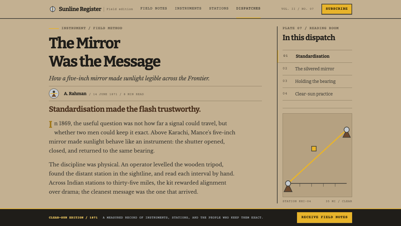 Heliograph Signalling design style applied to an Article page