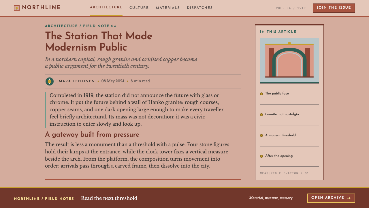 Helsinki Central Station design style applied to an Article page