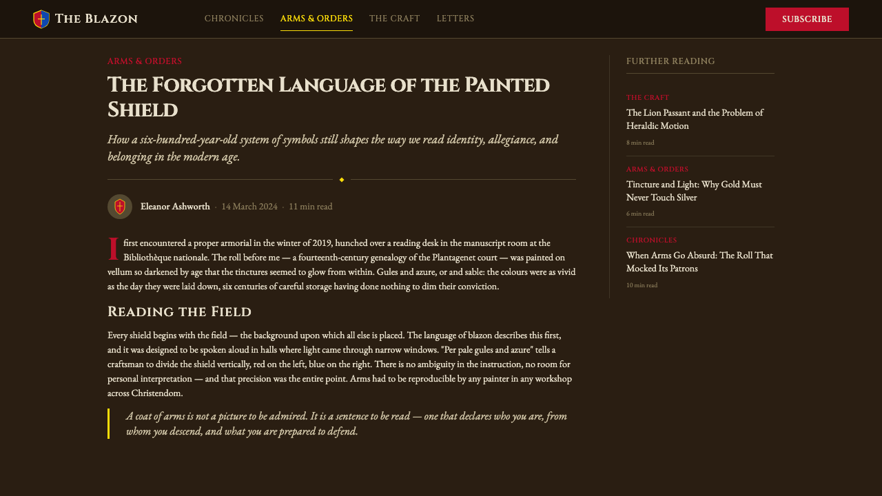 Heraldic Blazon design style applied to a Article page