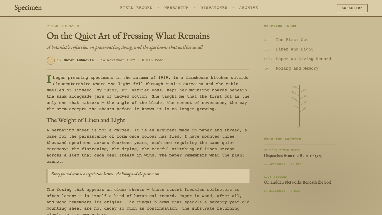 Herbarium Sheet design style applied to a Article page