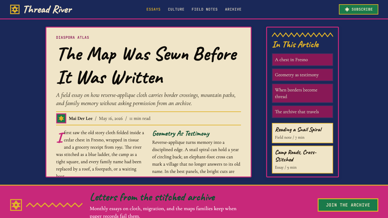 Hmong Paj Ntaub (Flower Cloth) design style applied to a Article page