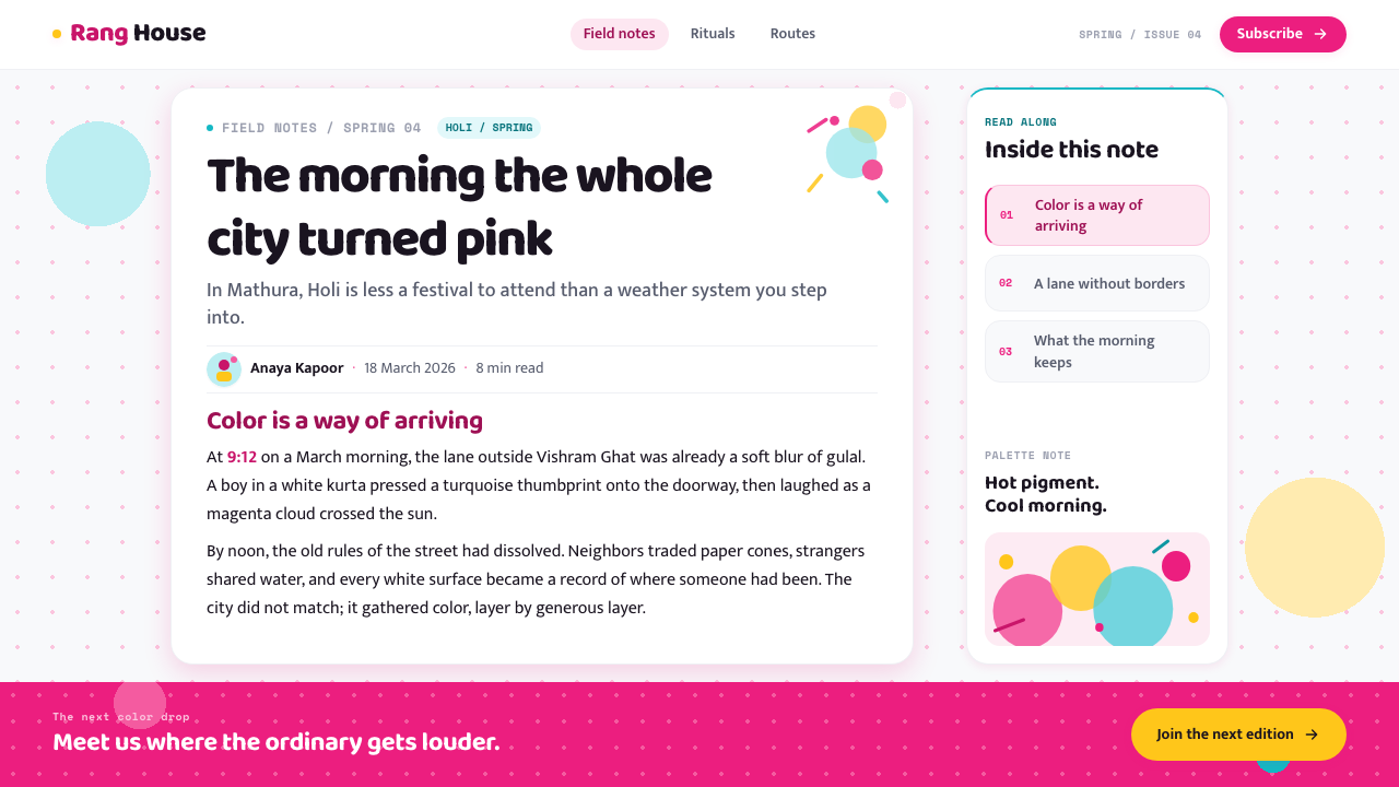 Holi Festival of Colors design style applied to a Article page