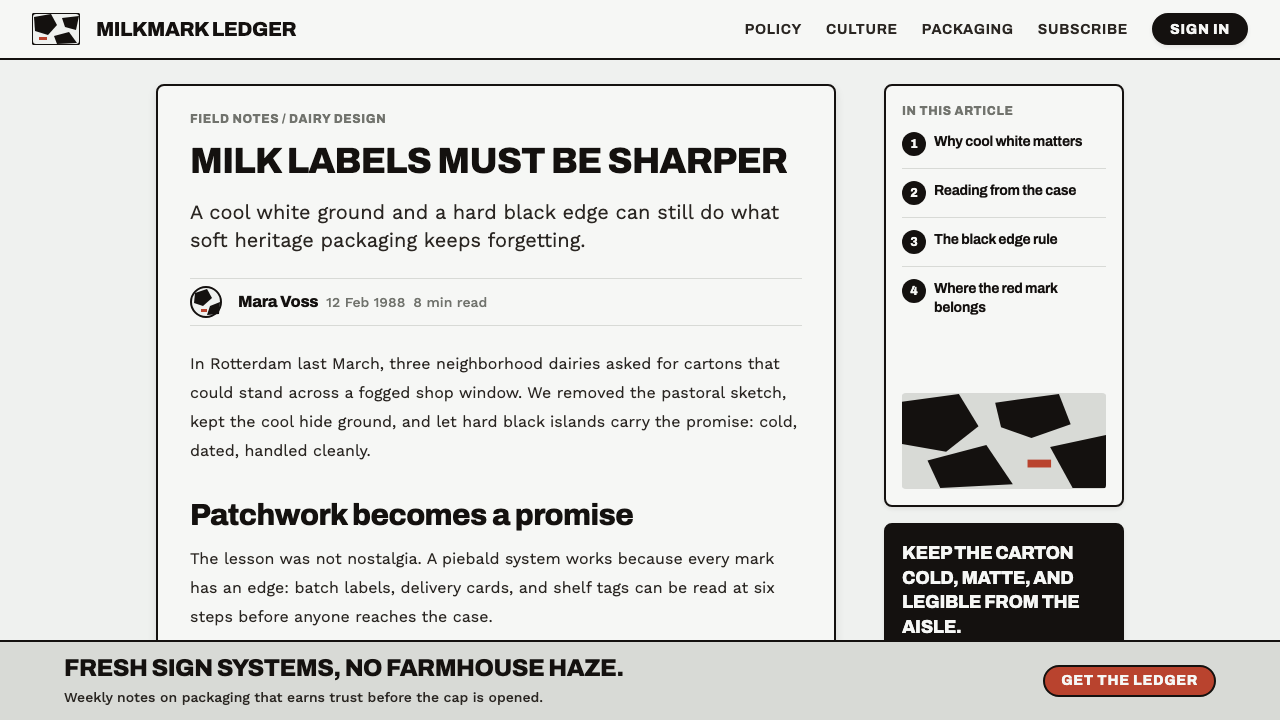 Holstein Friesian Dairy design style applied to a Article page