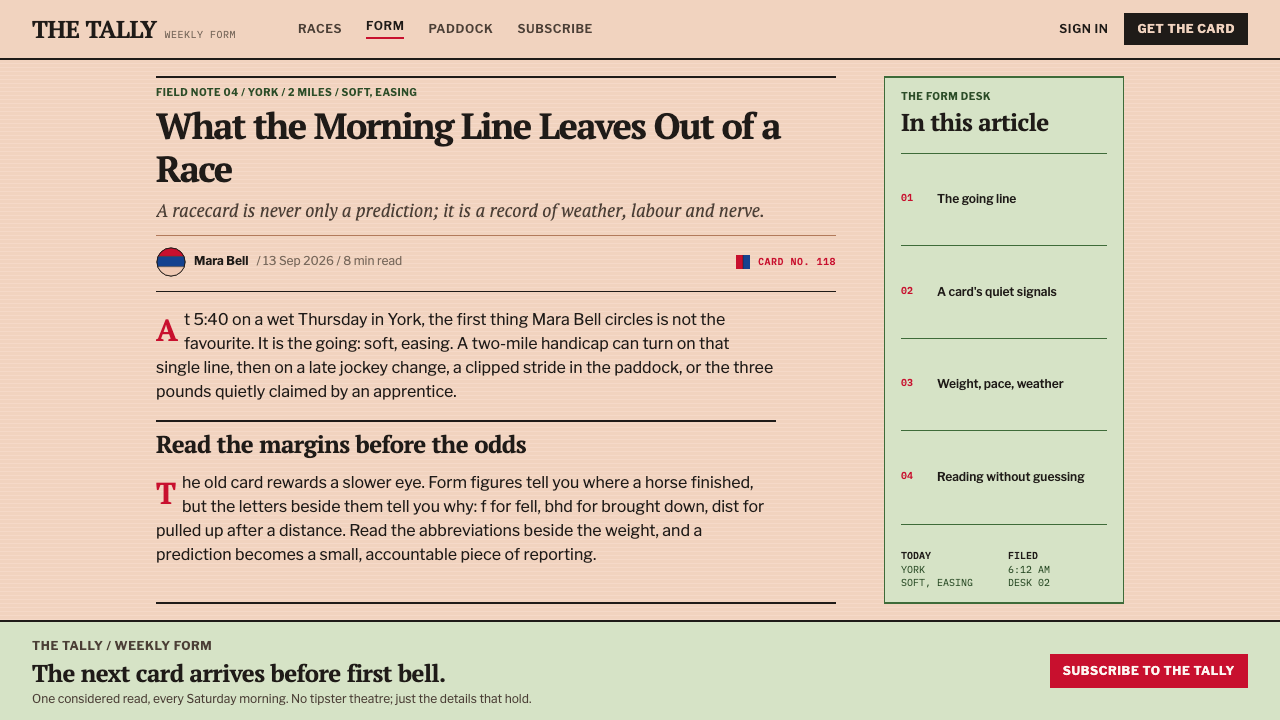 Racing Form Guide design style applied to an Article page