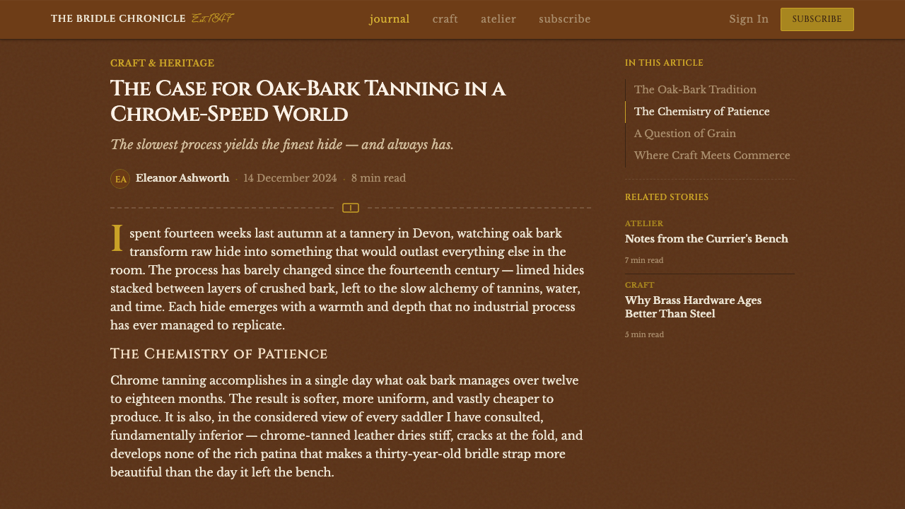 English Saddlery Tan design style applied to a Article page
