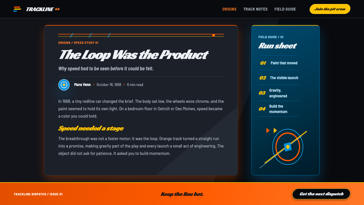 Hot Wheels (1968) design style applied to a Article page