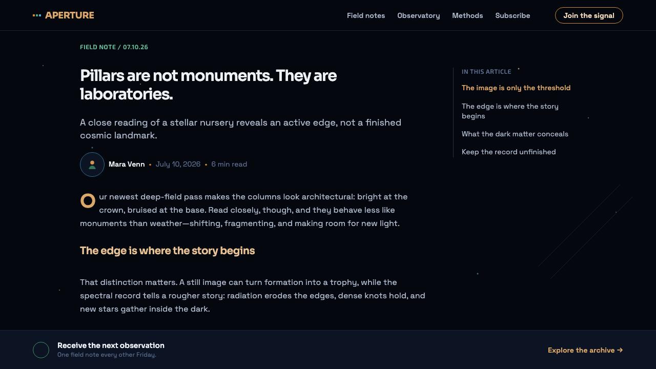 Hubble Pillars of Creation design style applied to a Article page