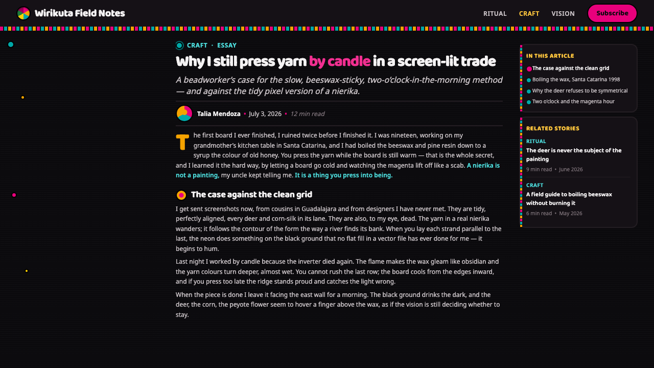 Huichol Yarn Nierika design style applied to a Article page