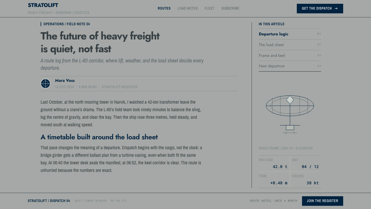 Hydrogen Airship Freight design style applied to a Article page