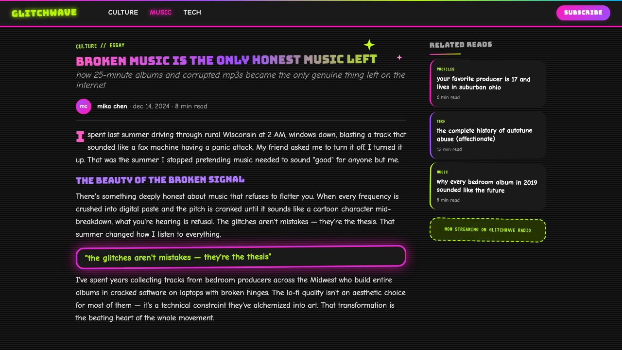 Hyperpop 100 gecs (2019) design style applied to a Article page