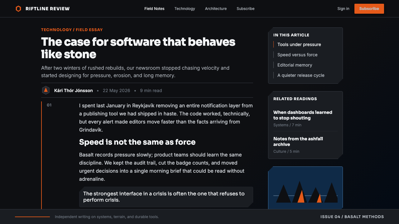 Icelandic Basalt Volcano design style applied to a Article page