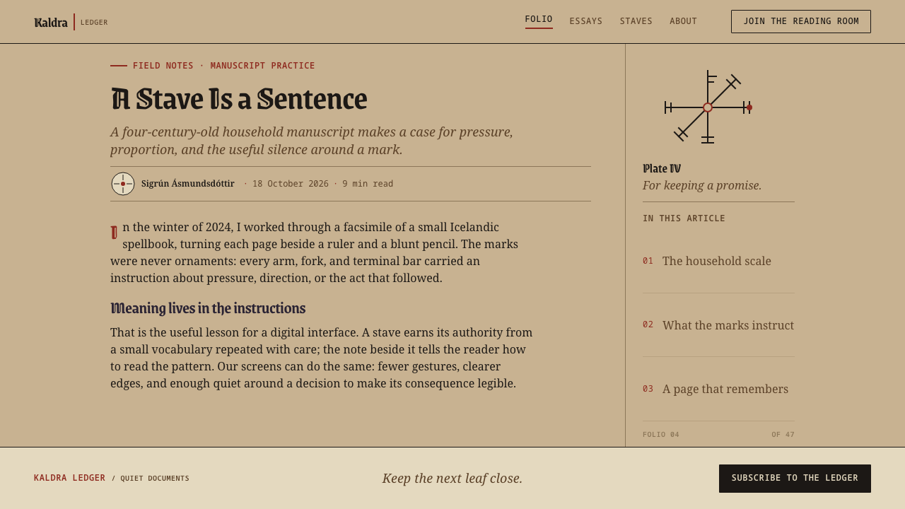 Icelandic Galdrabók design style applied to a Article page