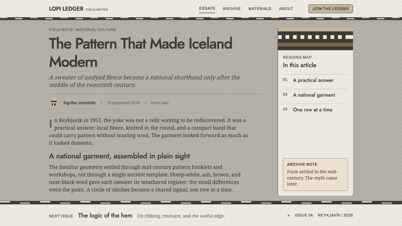 Icelandic Lopapeysa design style applied to an Article page