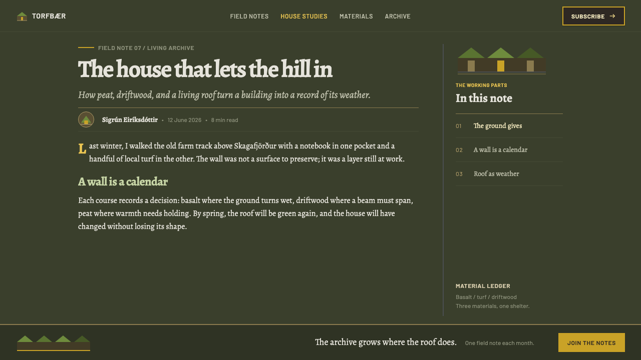Icelandic Turf House design style applied to a Article page