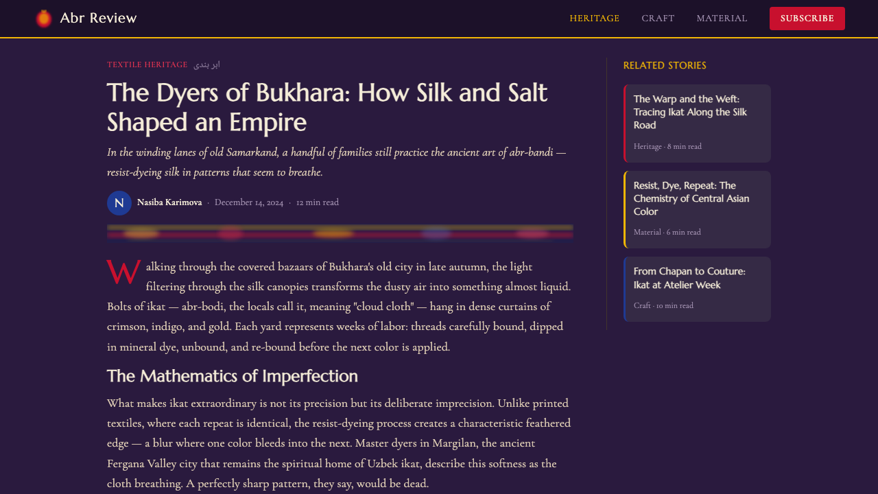 Central Asian Ikat design style applied to a Article page