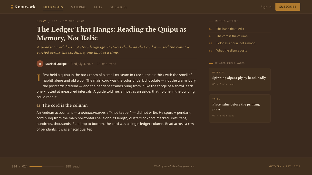 Inca Quipu Knot-Cord design style applied to a Article page