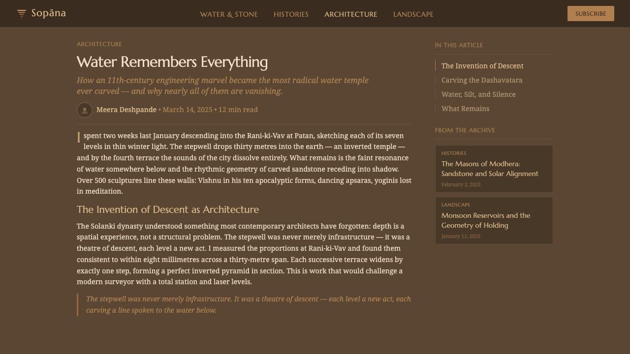 Indian Stepwell design style applied to a Article page