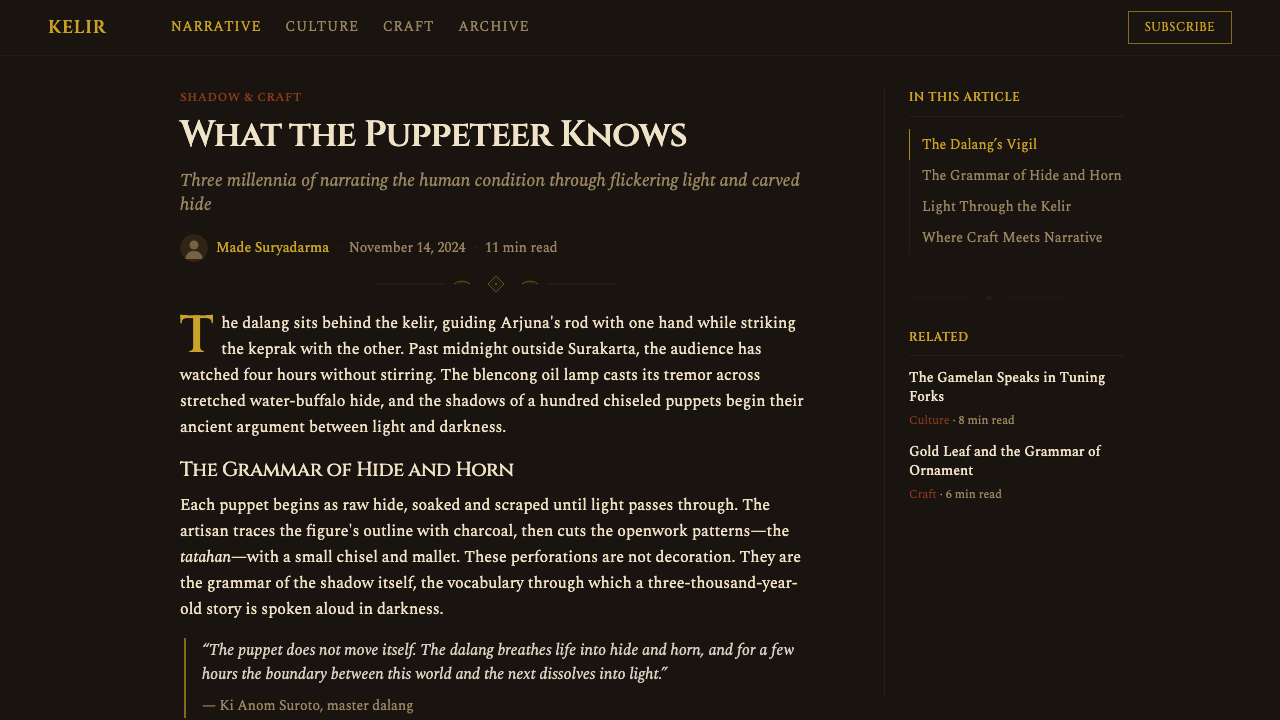 Wayang Kulit Shadow design style applied to a Article page
