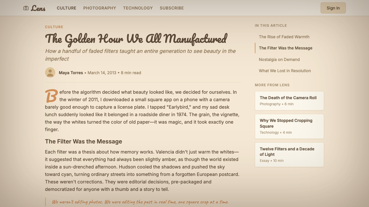 Instagram Filters 2012 design style applied to a Article page