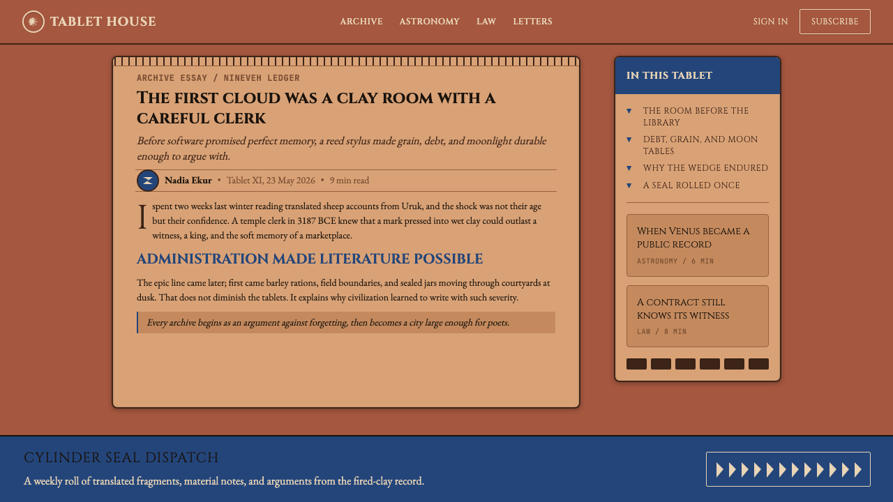 Mesopotamian Cuneiform Tablets design style applied to a Article page