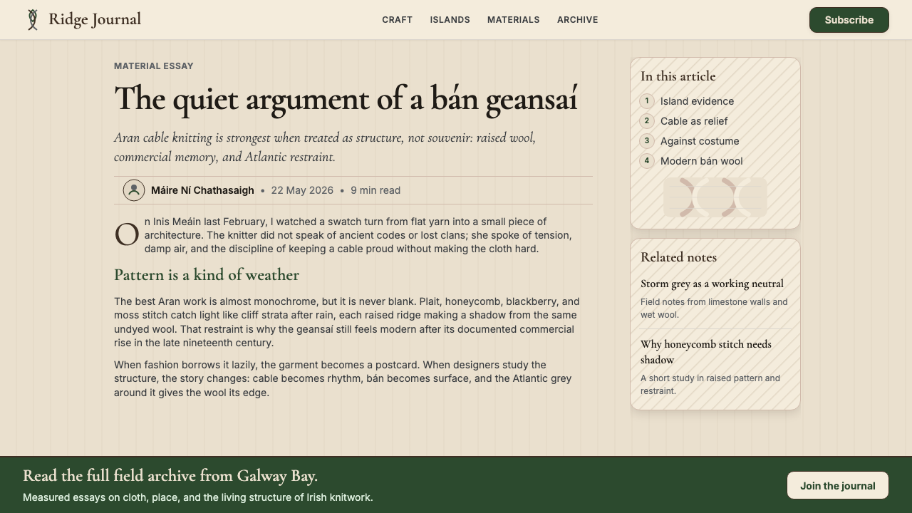 Irish Aran Island Cable Knit design style applied to a Article page