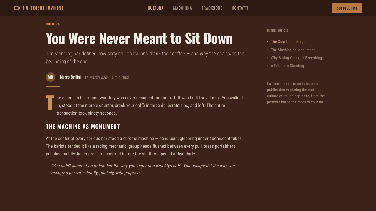 Italian Espresso Bar design style applied to a Article page