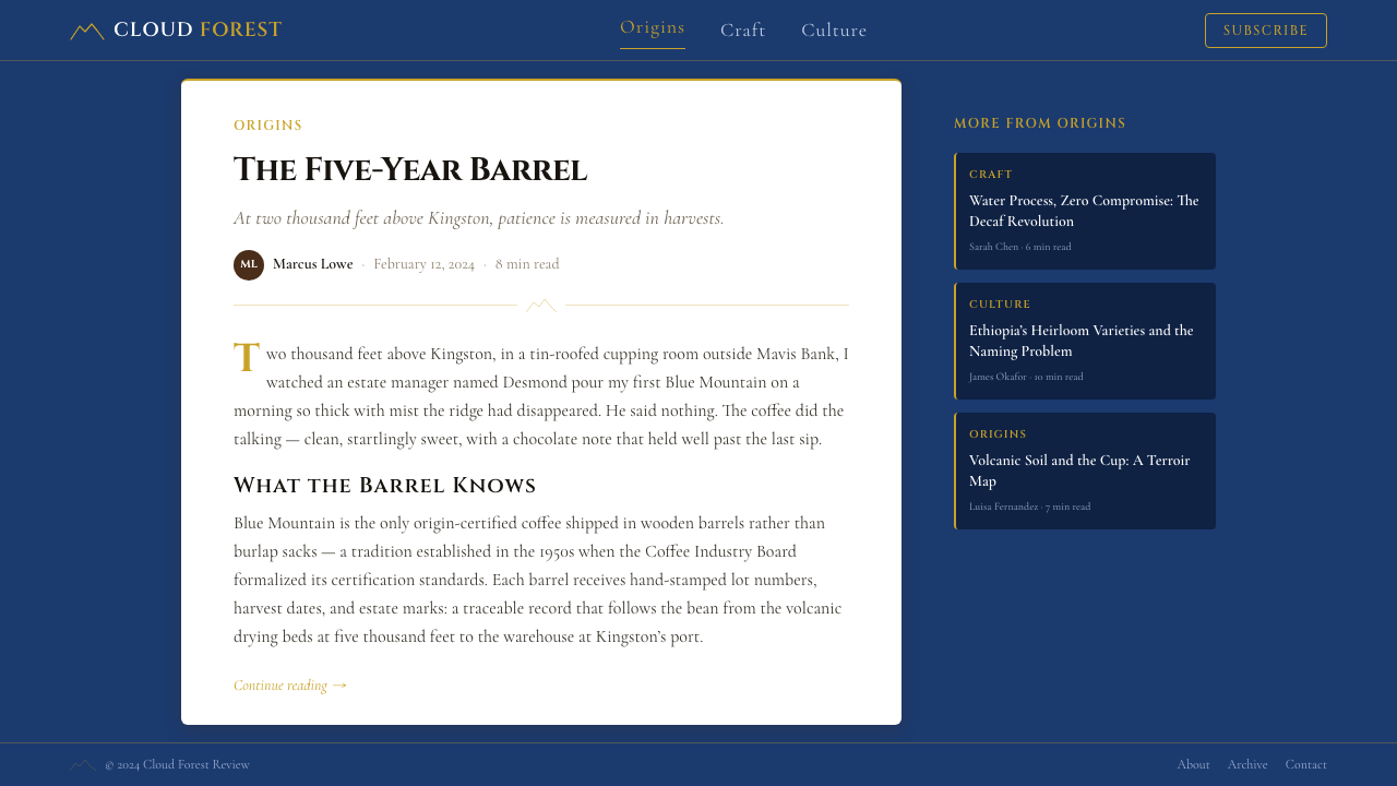Jamaican Blue Mountain Coffee design style applied to a Article page