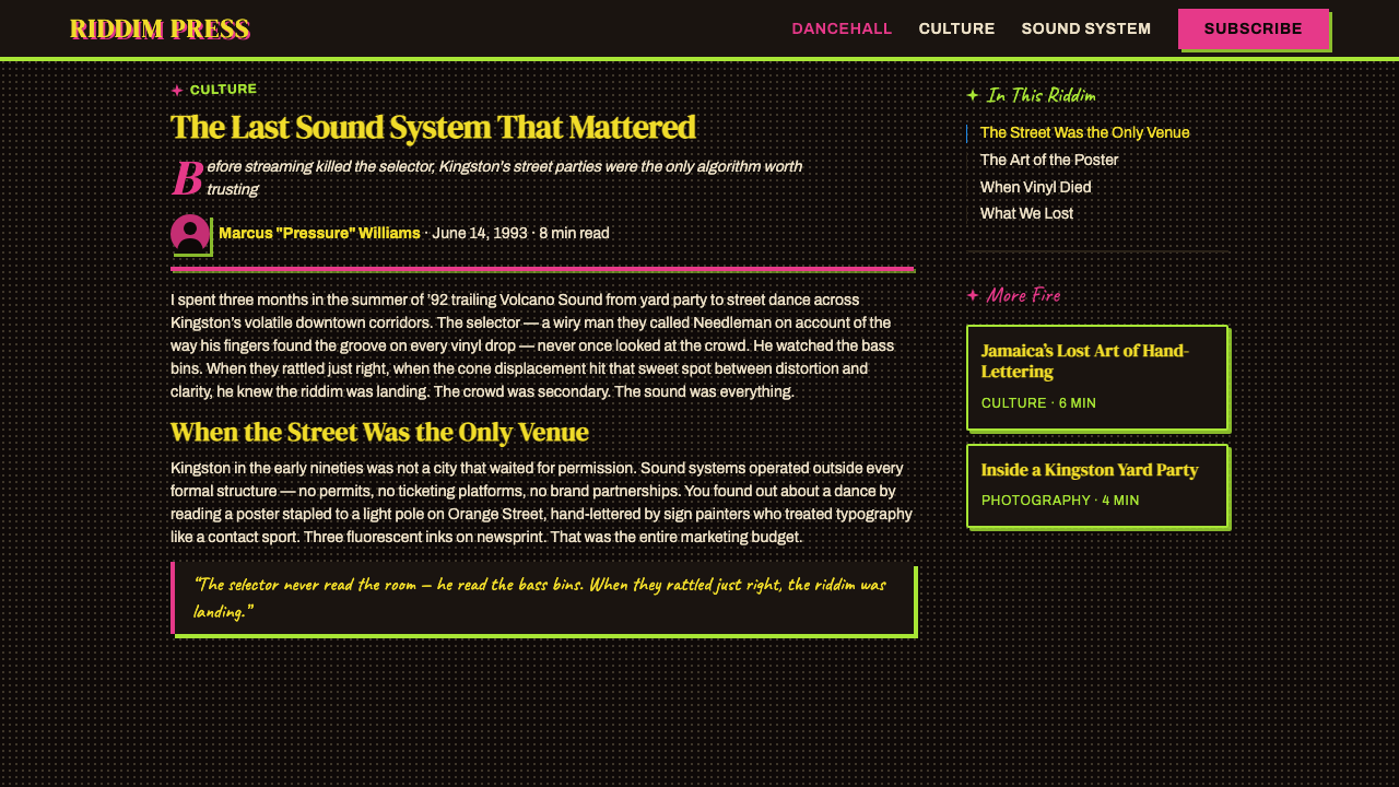 Jamaican Dancehall 1990 Poster design style applied to a Article page