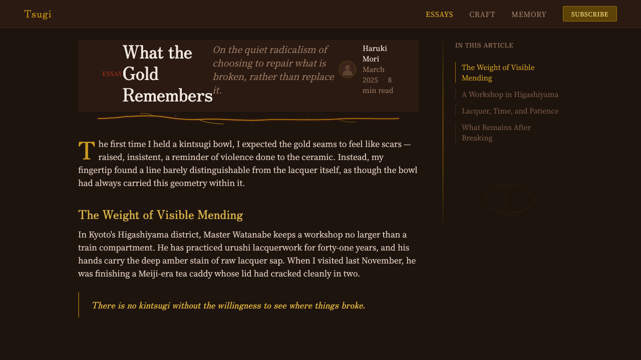 Kintsugi & Urushi Lacquer design style applied to a Article page