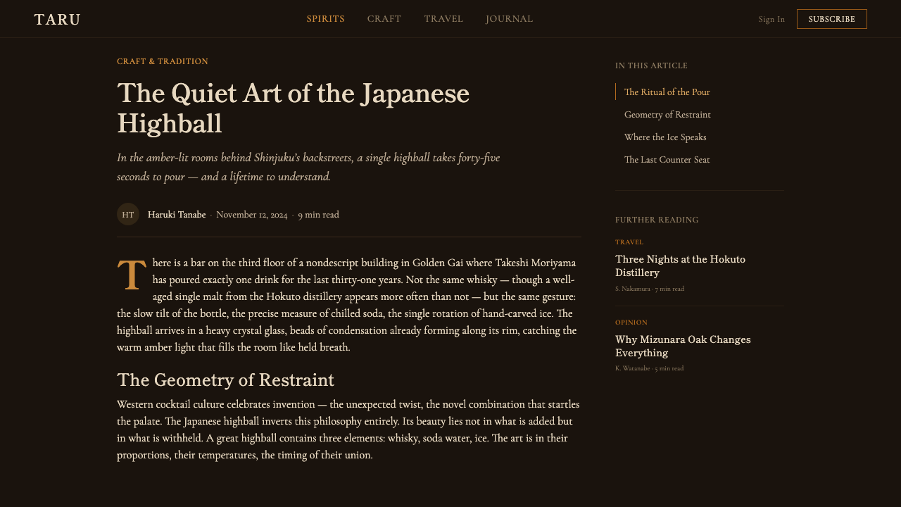 Japanese Whisky Bar design style applied to a Article page