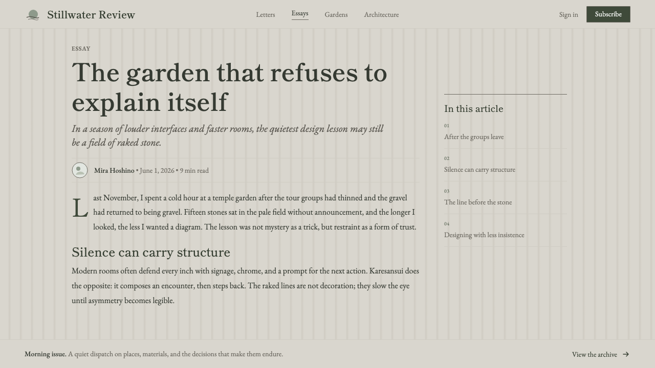 Zen Karesansui Garden design style applied to a Article page