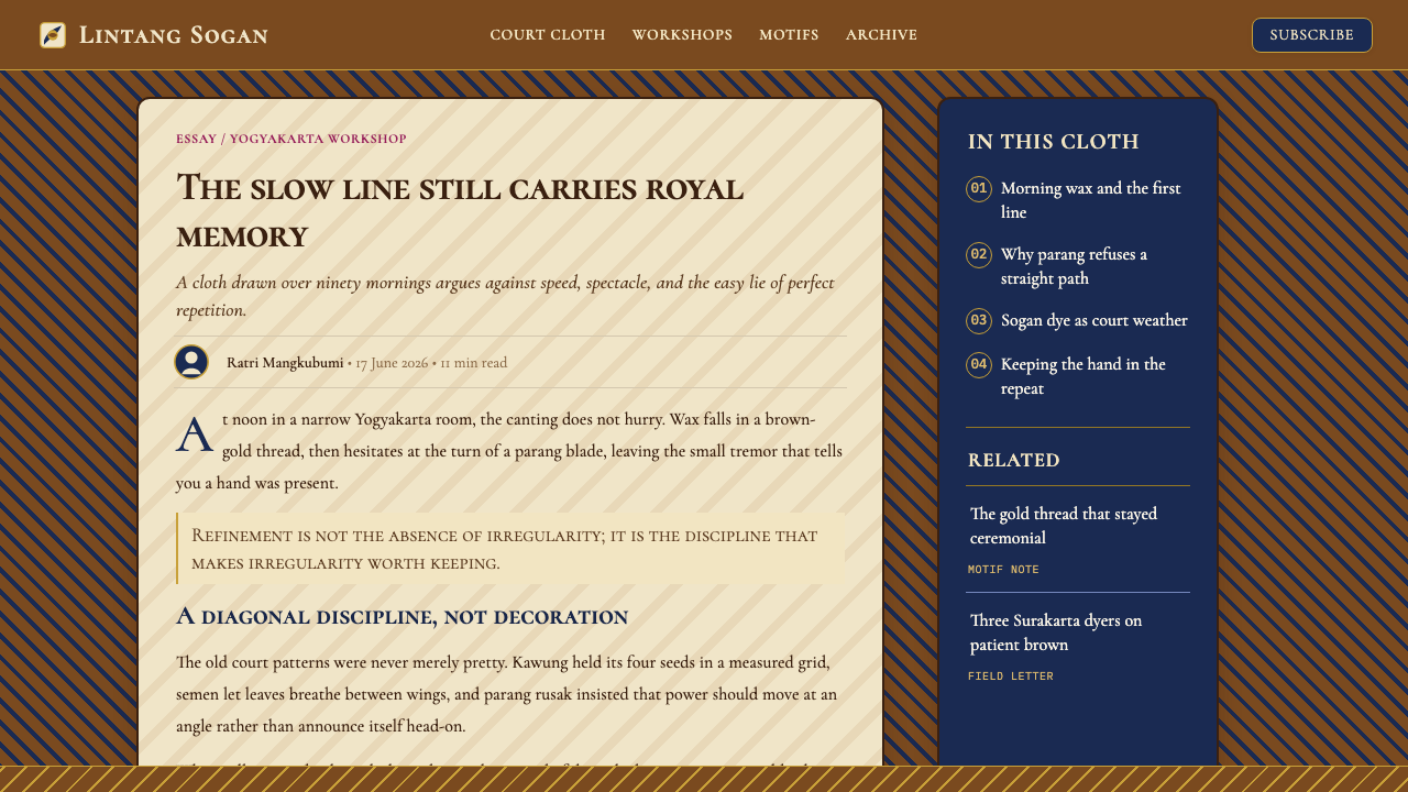 Javanese Batik Tulis (Keraton Sogan) design style applied to a Article page