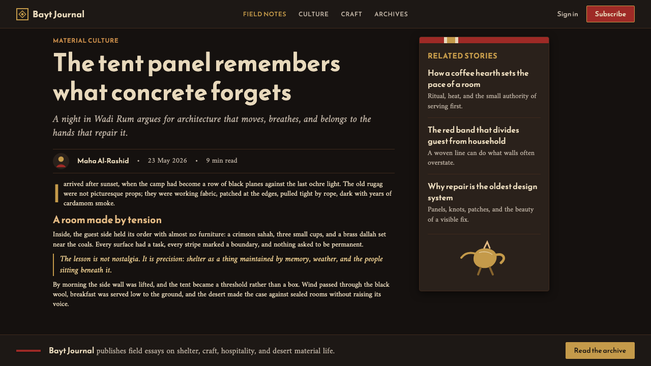Jordanian Bedouin Black Tent design style applied to a Article page