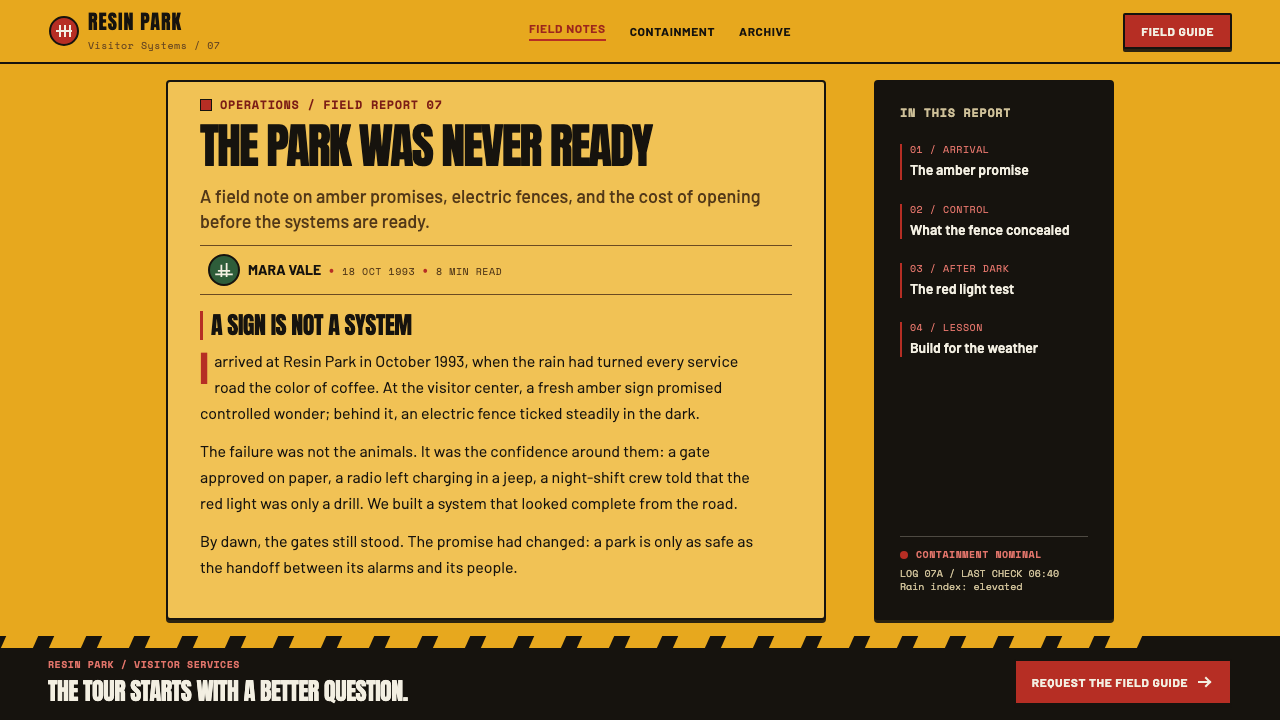 Jurassic Park (1993) design style applied to a Article page