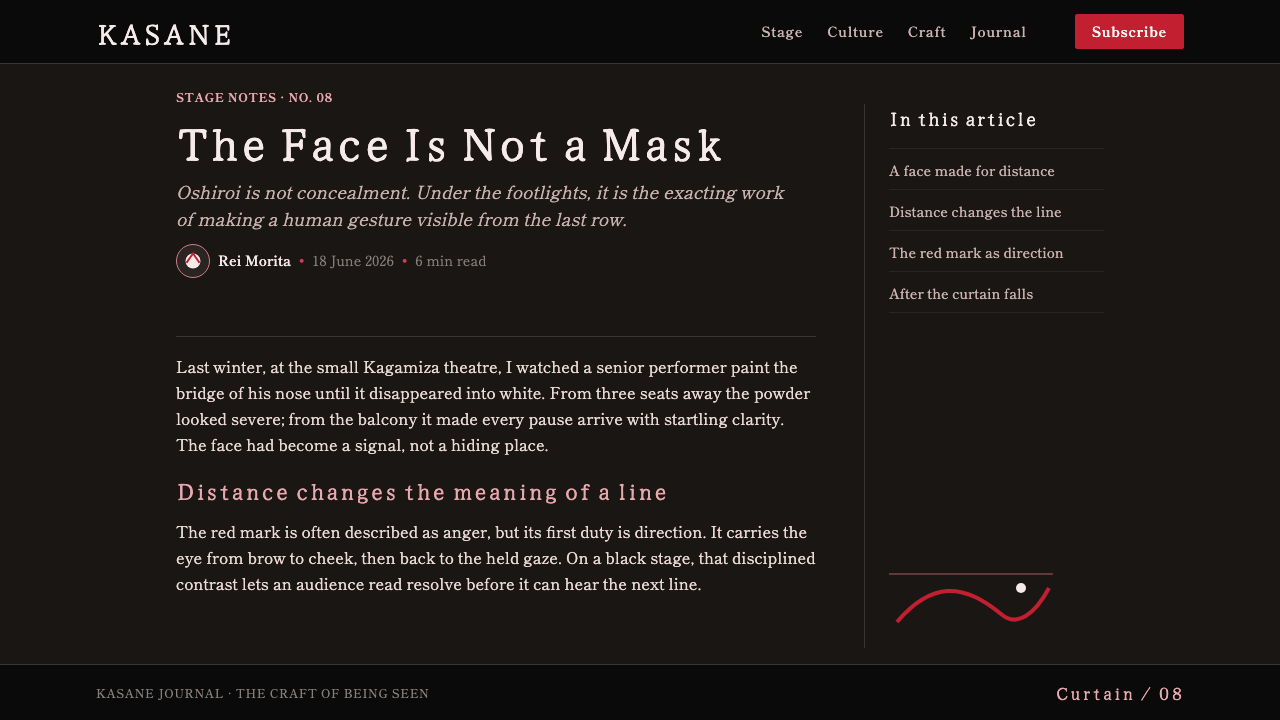 Kabuki Oshiroi Whiteface design style applied to a Article page