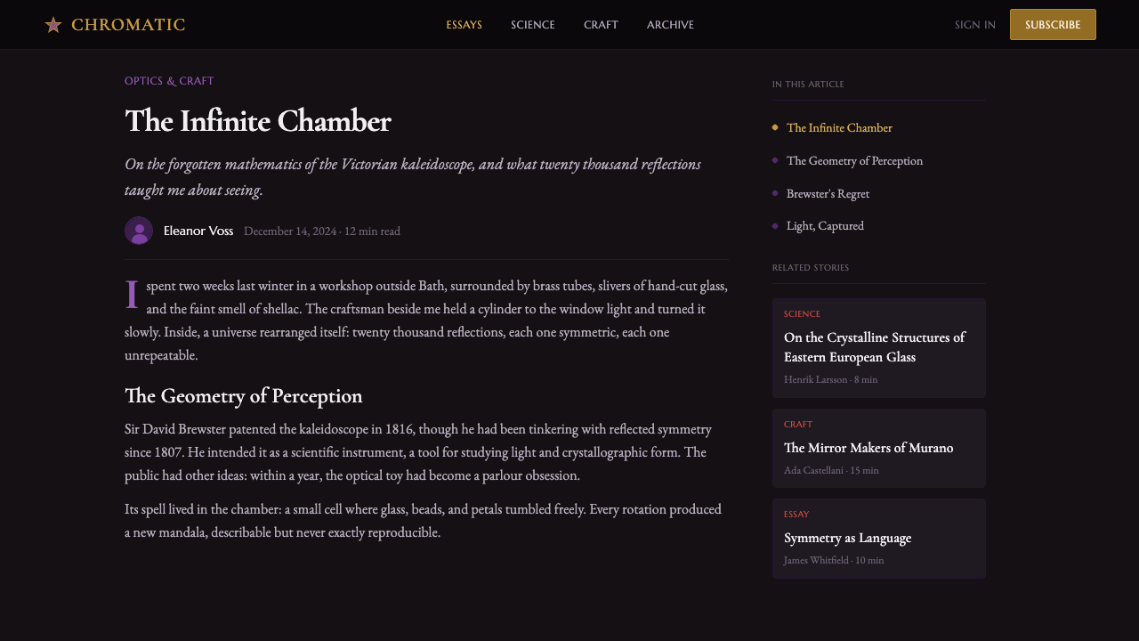 Kaleidoscope design style applied to a Article page