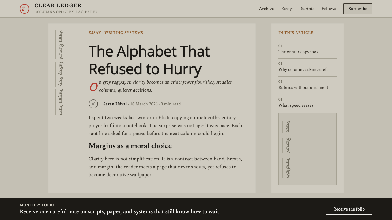 Kalmyk Todo Bichig Clear Script design style applied to a Article page