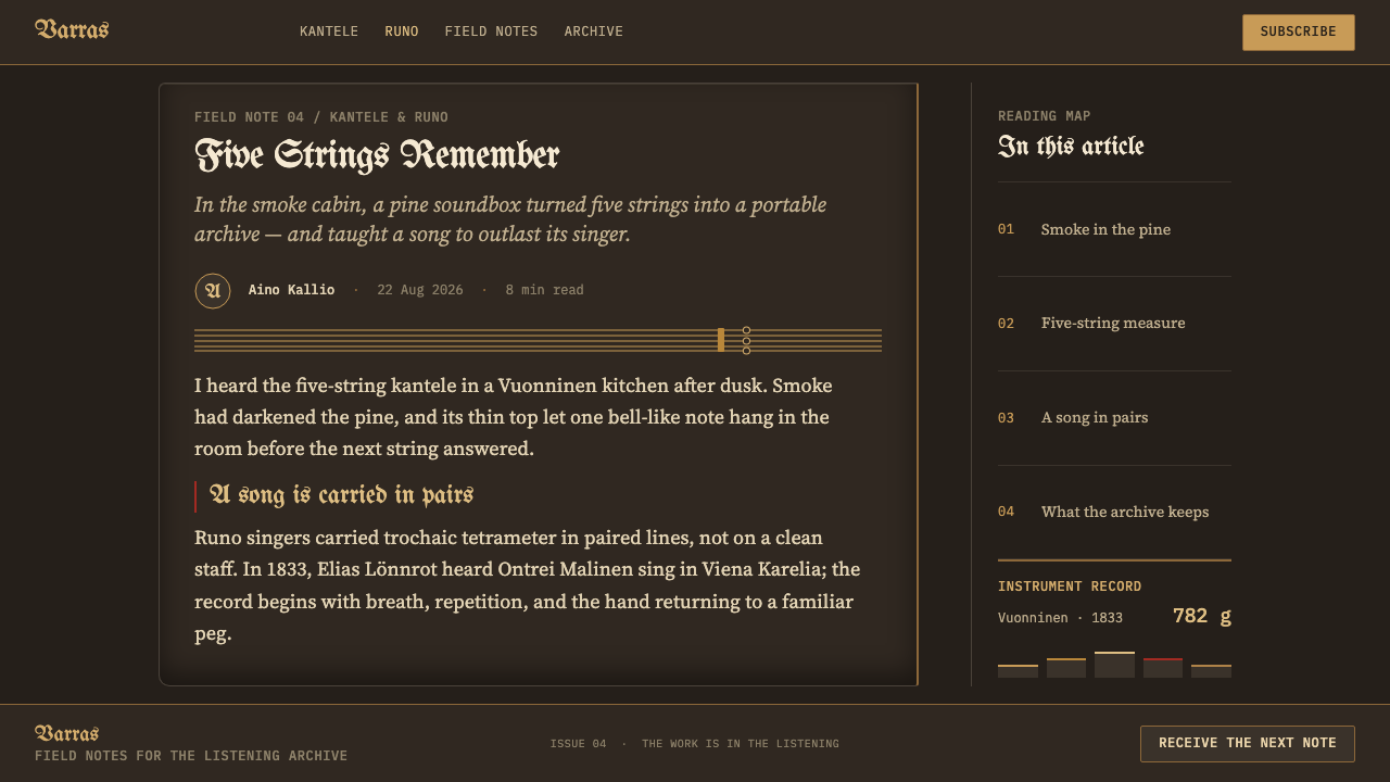Karelian Kantele & Runo design style applied to a Article page