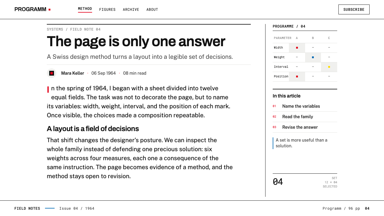 Karl Gerstner Programmes design style applied to a Article page
