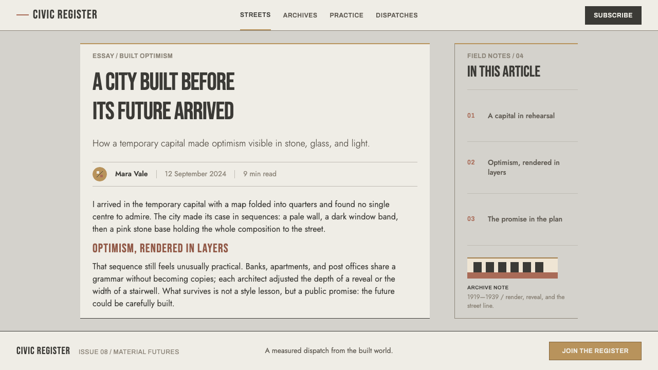 Kaunas Interwar Modernism design style applied to an Article page