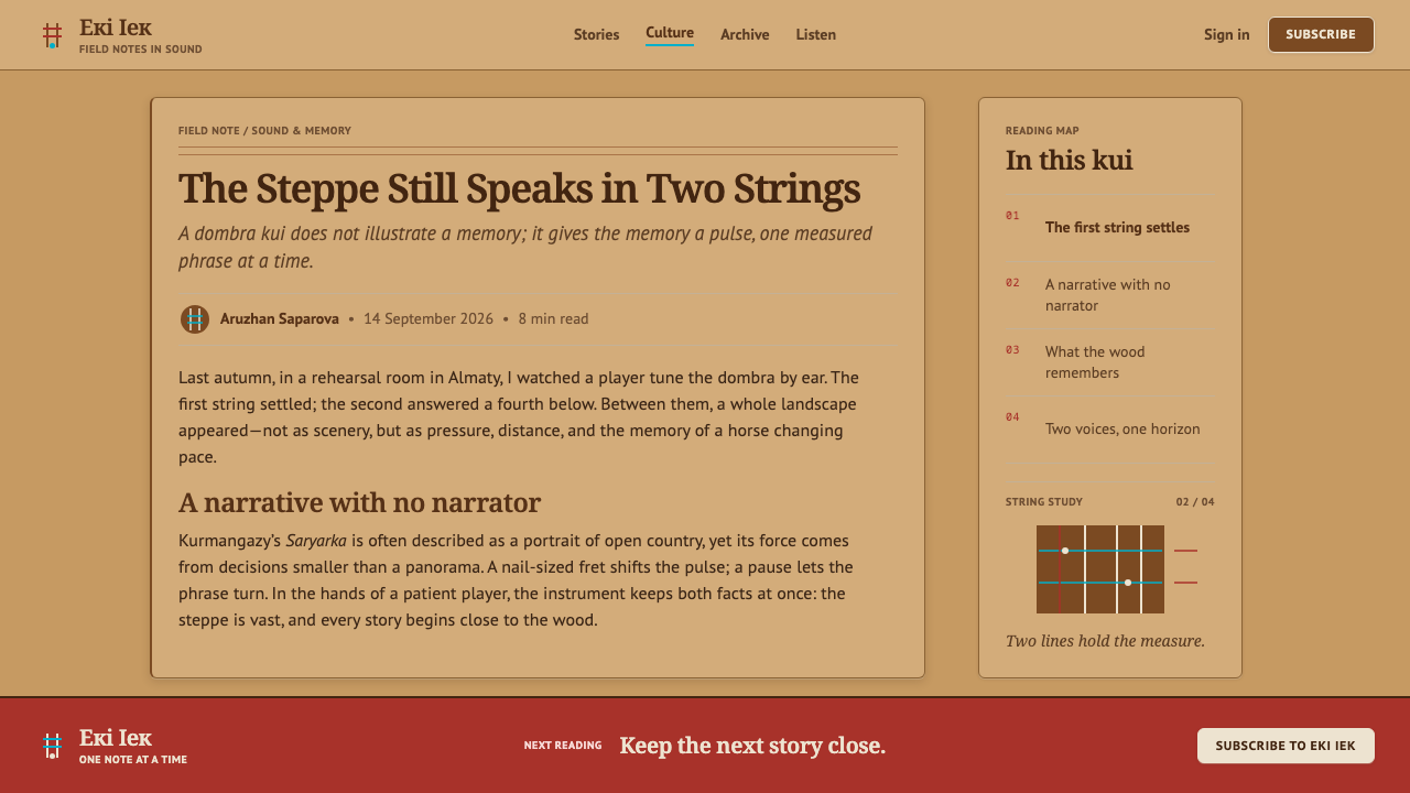 Kazakh Dombra design style applied to an Article page