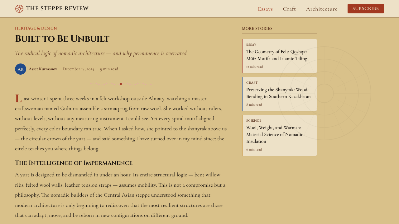 Kazakh Shanyrak Yurt Felt design style applied to a Article page
