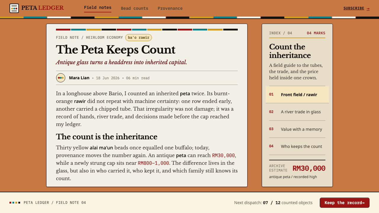 Kelabit Bead Cap design style applied to a Article page