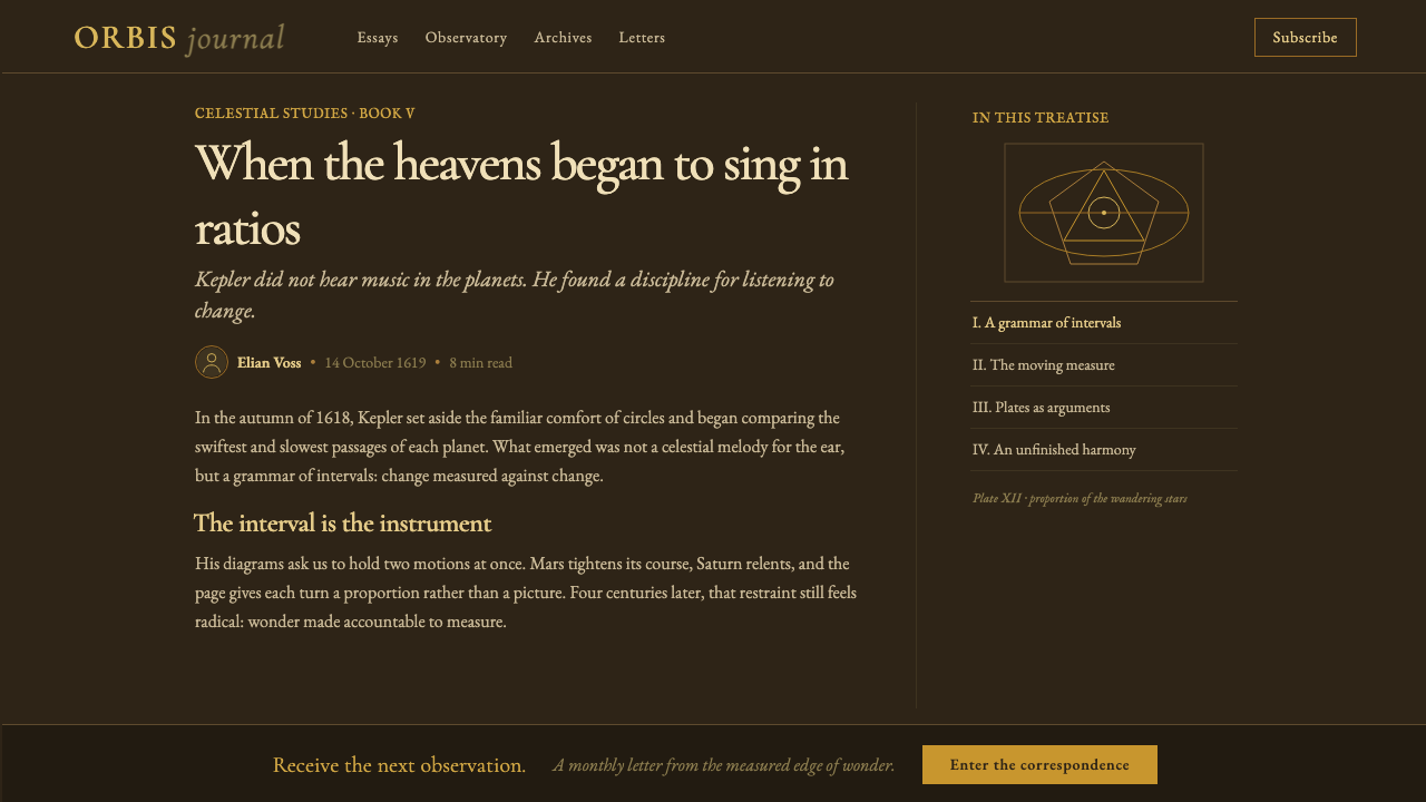 Kepler Harmonices Mundi design style applied to a Article page