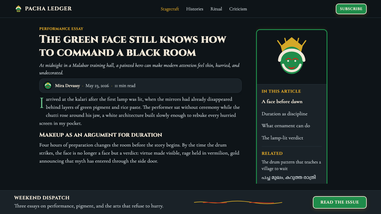 Kerala Kathakali (Pacha Green Makeup) design style applied to a Article page
