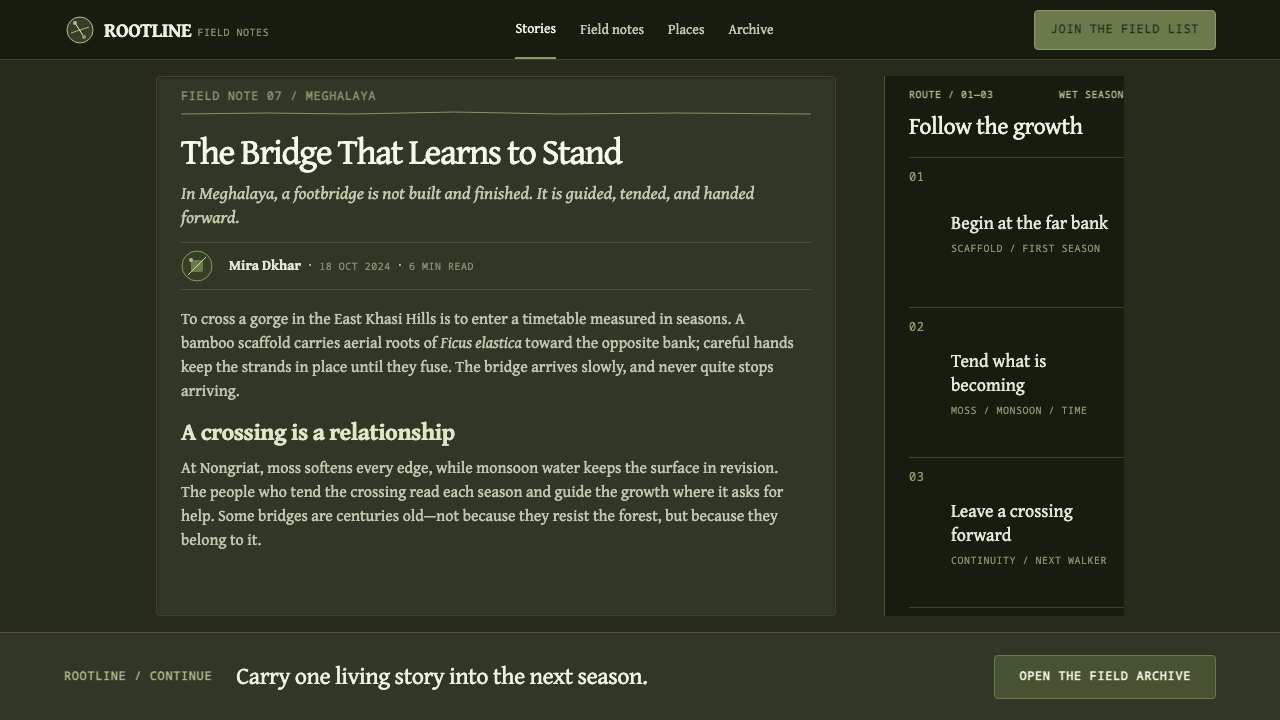 Khasi Living Root Bridge design style applied to an Article page