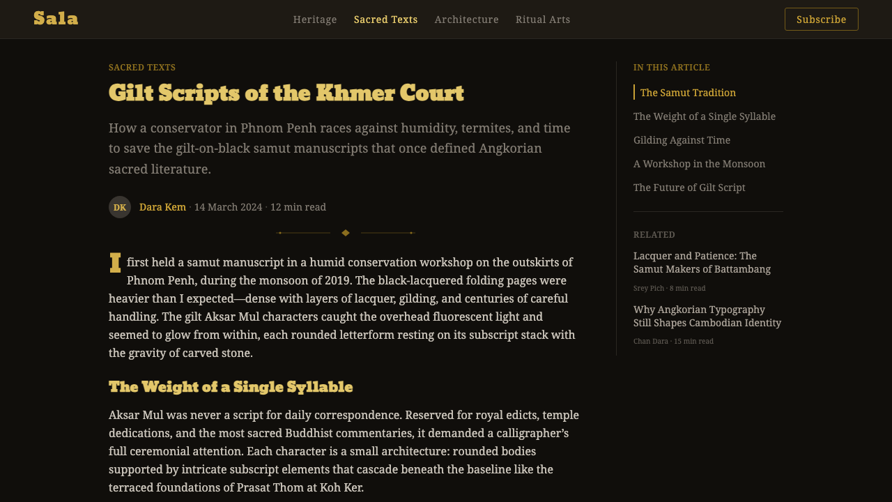 Khmer Aksar Mul design style applied to a Article page