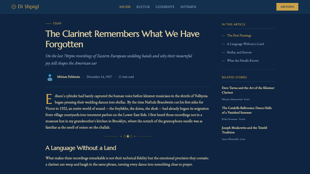 Klezmer Revival design style applied to a Article page