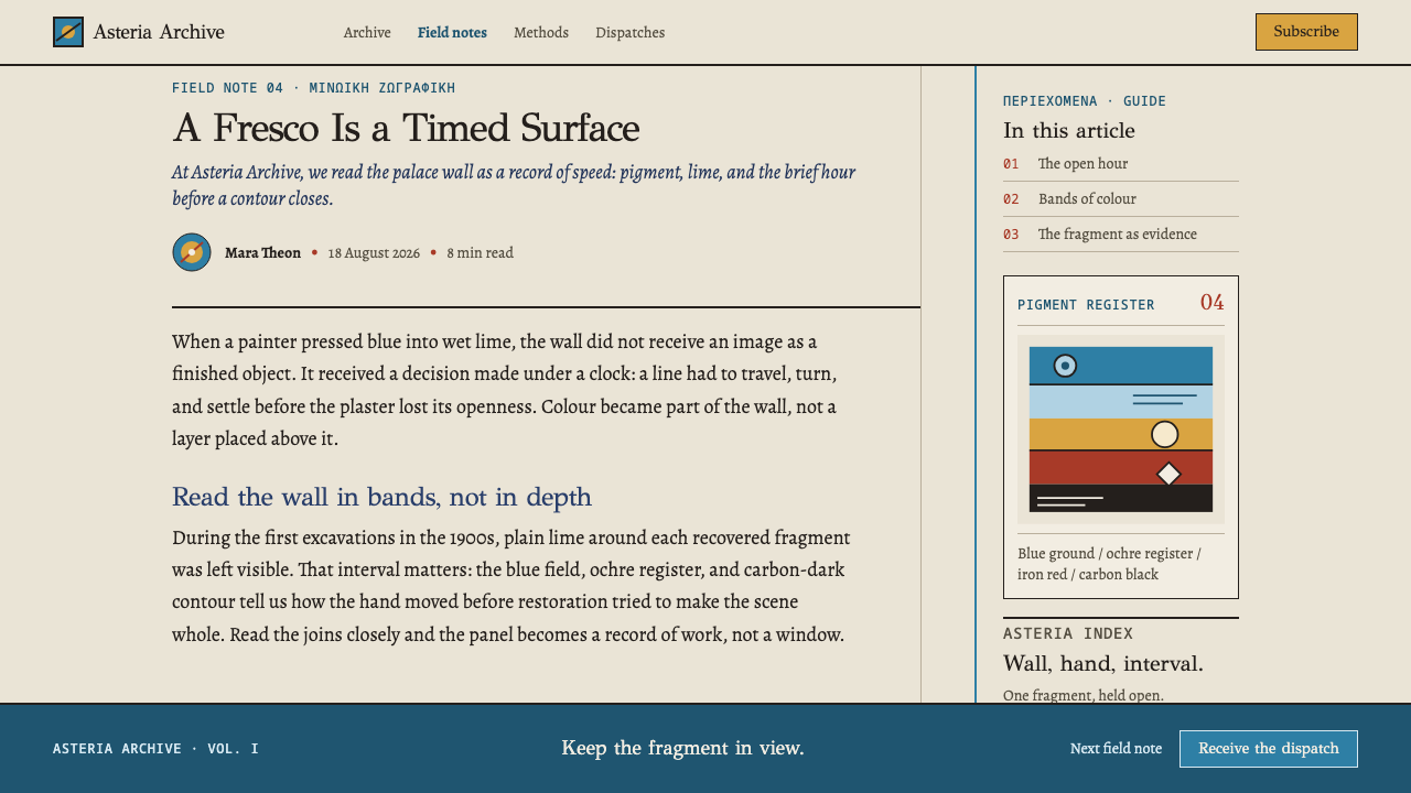 Knossos Minoan Fresco design style applied to a Article page