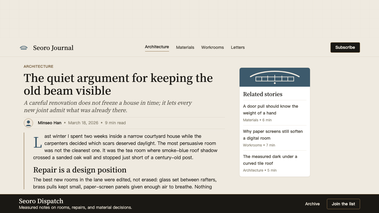 Korean Hanok Eaves Revival design style applied to a Article page